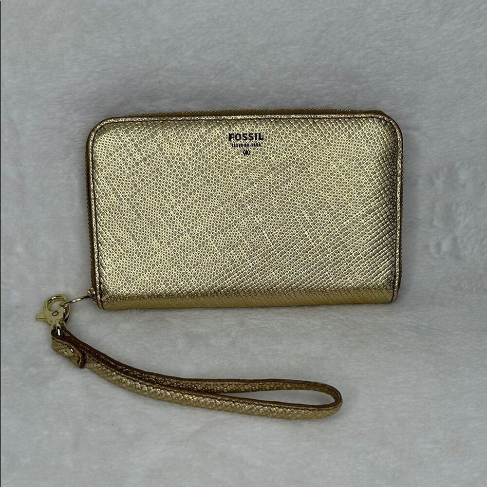 Fossil Sydney Gold Leather Zip Around Wallet Phone Wristlet Purse Cow Hide
